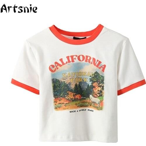 Artsnie Summer Scenery Print T Shirt Women Summer O Neck Short Sleeve Crop Tops Femme Streetwear White Cropped T-shirts Tee
