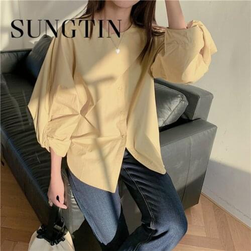 Sungtin Patchwork Design Blouse Long Sleeve Shirt Office Ladies Top Casual Solid Single Breasted Puff Sleeve Womens Blouses 2021