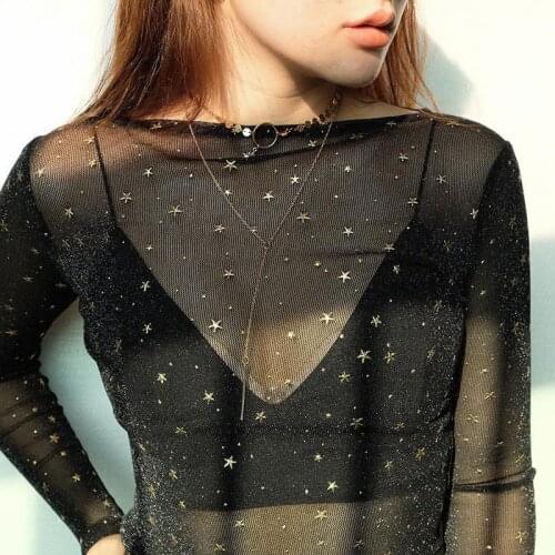 Women Sexy Transparent Mesh Tops Fashion Long Sleeve See Though Tee Shirt Evening Party Club O-Neck Stars Print T Shirt