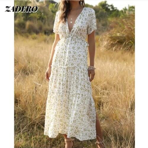 Bohemian Full Flowers Print Maxi Beach Dresses Women Deep V-Neck Short Puff Sleeves A-Line Flared Long Dress Holiday High Waist