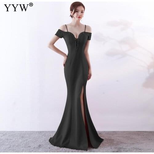New 2020 Elegant Long Mermaid Party Dress Women Off Shoulder Lace Up Sexy Evening Dress Side Slit Beading Maxi Prom Formal Dress