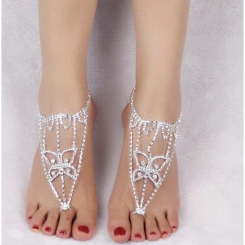 1 PC Rhinestone Buterfly Bridal Sandal Barefoot Anklet Foot Chain Toe Ring for Women Luxury Crystal Ankle Bracelet Foot Jewelry