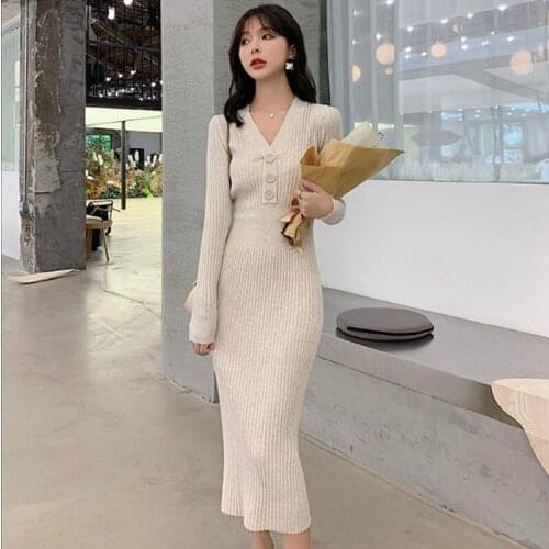 2019 Winter Knitted Sweater Dress Women Singer Button Striped Midi Green Dress Women Good Elastic Cotton Woman Dress Plus Size