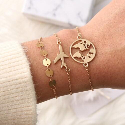 Airplane Earth Map Charm Bracelets Set Women Multilayer Gold Color Link Chain Bracelet Round Sequins Jewelry Accessories 3 Pcs