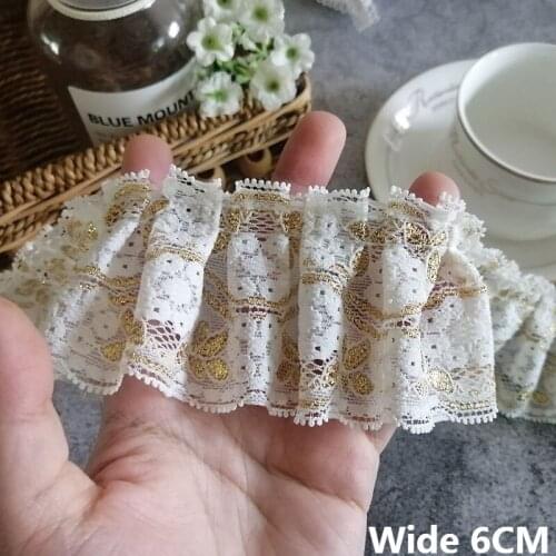 6CM Wide White Soft Mesh Pleated Fabric Glitter Golden Embroidered Fringe Ribbon Dress Hemlines Curtains DIY Sewing Accessories
