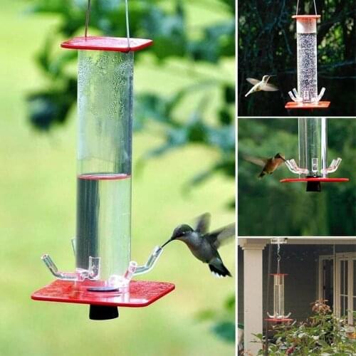 Newly Cylindrical Hummingbird Feeder Birds Drinker Water Feeder with 4 Feeding Tubes Metal Handle Hanging for Outdoor