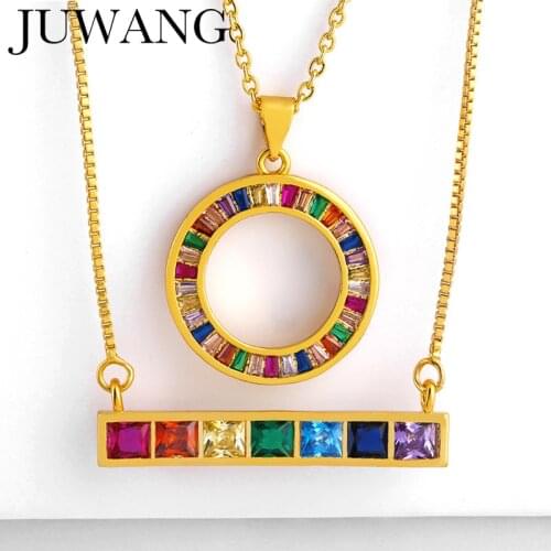 CZ Rainbow Pendant Necklaces Woman Long Chain Cubic Zirconia Girls Necklace Gold Jewelry collares de moda 2019 Dropshipping