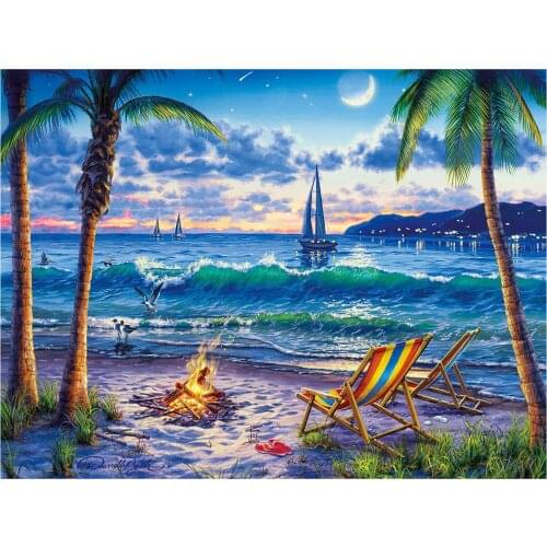 DIY 5D Diamond Painting Kit, Full Round Drill Seaside Moon Beach Embroidery Cross Stitch Arts Craft Supply for Home Wall Decor