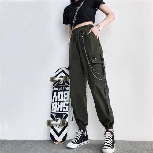 Womens Cargo Pants Buckle Ribbon Pocket Jogger Elastic Waist High Streetwear Harajuku Pant Punk Ring Chain Females Trousers