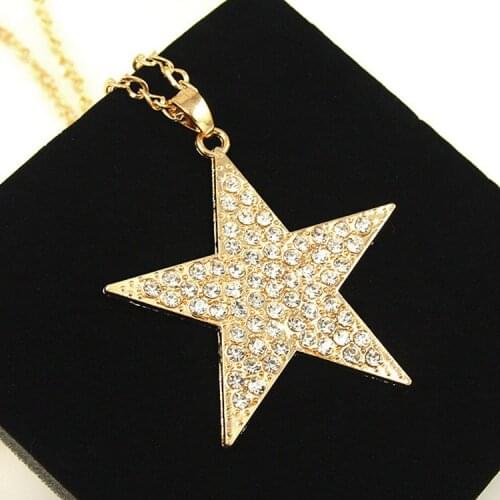 FLOLA Gold Color Star Pentagram Long Necklaces & Pendants Fashion Brand Crystal Pendant Necklace for Women Hip Hop nkek26