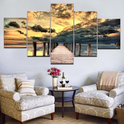 Canvas Pictures Home Decor Living Room Wall Art 5 Pieces Sunrise Bridge Landscape Paintings HD Prints Lake Boat Poster Framework
