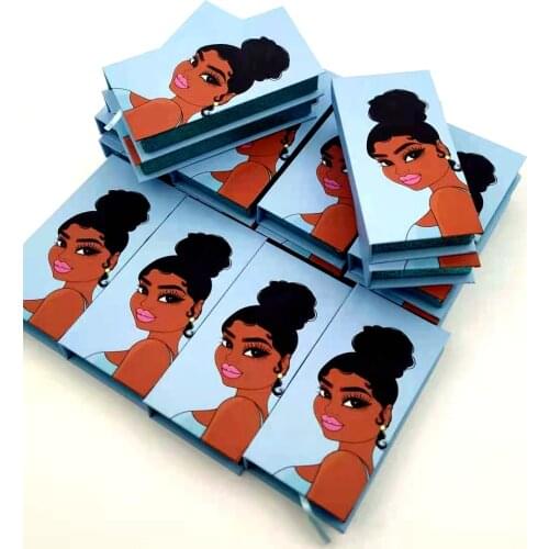 1 Pair Eyelash Packaging Boxes Wholesale Girl Print Lash Case Empty Glitter Base Gift Magnetic Box Storage Blue Color