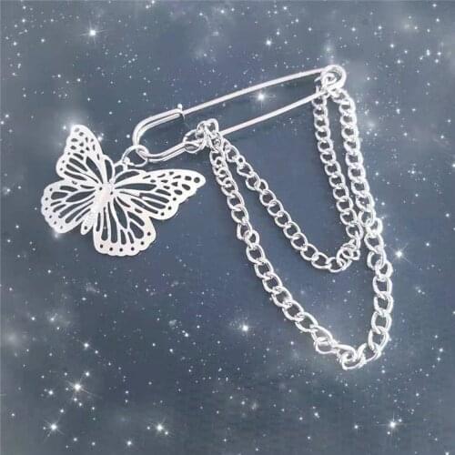 Kpop Punk Stainless Steel Chain Big Pins Metal Cute Butterfly Pendant Brooches For Women Couple Party Brooch Aesthetic Jewelry