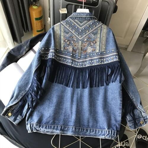 Seiwnibu Punk Boho Tassel Embroidery Denim Jacket Women Blue Loose Rivet Pocket Oversize Moto Biker Female Spring Jean Jacket