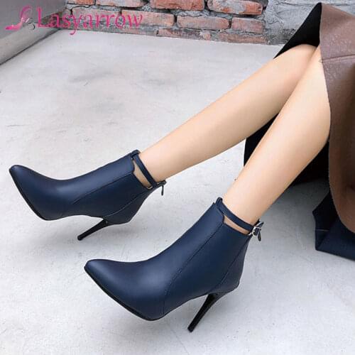 Lasyarrow Women Ankle Boots Pointed Toe Buckle High Heel Boots Sexy Ladies Winter Boots Black White Plus Size 50 Botas Mujer