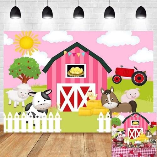 Cartoon Farm Animals Backdrop Barn White Cloud Pink Backgrounds Baby Shower Party Decor Photo Booth Studio Prop