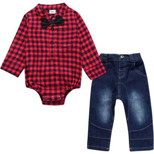 New Autumn Winter Fashion Baby Boy Clothes Sets Gentleman Long Sleeve Red Plaid rompers +denim pants Suit Kids Boy Clothing Set