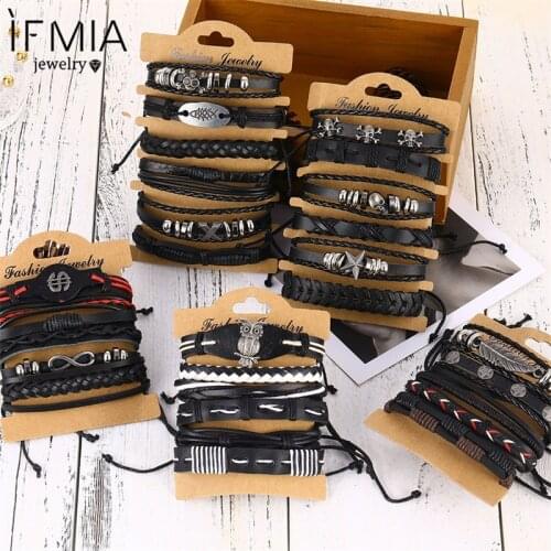 IFMIA Black Color Wrap Woven New Fashion Handmade Bracelets Male Women Leather Bracelet Men Braided Bangle Set Jewelry Gifts
