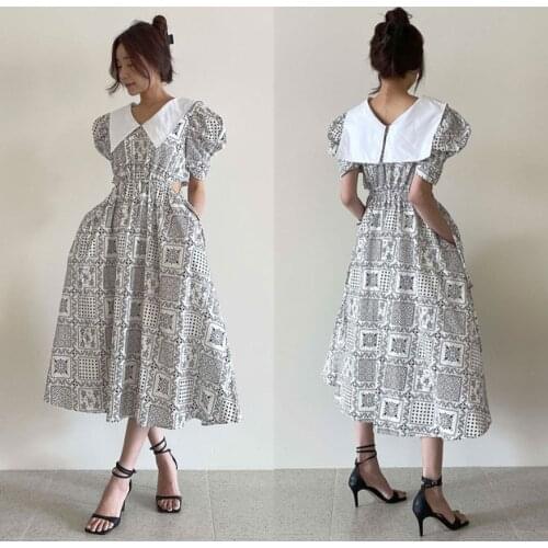 National wind collision color collar careful machine rope leakage waist show thin bubble sleeve dress female