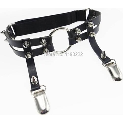 Punk Goth Harajuku Spikes Handcrafted Heart Garter Leather Suspenders Thigh High Harness O round Garter Belt