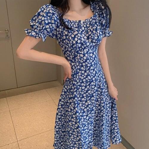 French Retro Bubble Sleeve Midi Dress Floral Vestidos De Festa Fashion Pastel Dresses Woman Party Night Plus Size Dress Female