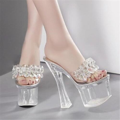 Women sandals PU Sequined Cloth Slip On 18CM Thin Heels High heels Round Toe waterproof Shallow sandal women shoes size 35-42