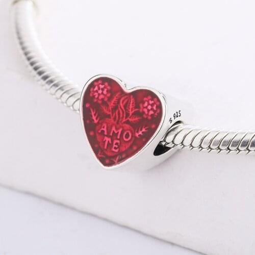 925 Sterling Silver Red Enamel Heart-Shaped Beaded Flower Pendant Charm Bracelet DIY Jewelry Making For Original Pandora