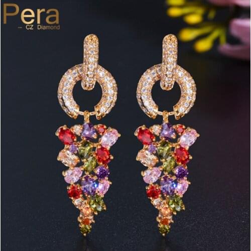 Pera Sparkling Long Grape Shape Gold Color Multi Color Cubic Zirconia Crystal Stone Wedding Big Dangling Earrings for Women E070