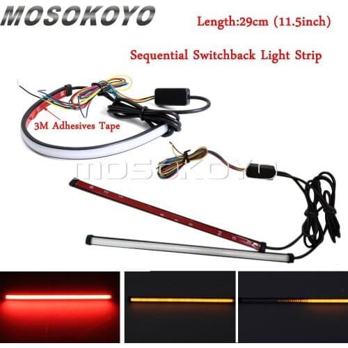 11.5" LED Sequential Strobe Brake Light Flowing Switchback Light Strip Stick On Cafe Racer Flexible Car Two In One Flasher DRL