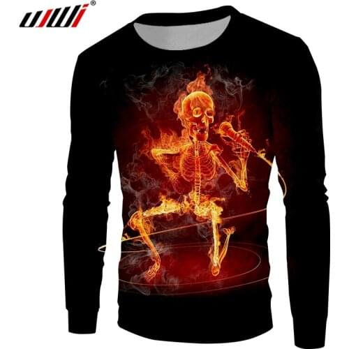 UJWI Man 3D Printed Novel Singing Skulls Flame Hipster Sweatshirt Street Style High Quality Mens Polyester Pullover 6XL