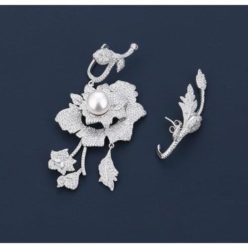 UMGODLY Luxury Brand Fashion Flower Earrings Cubic Zirconia Asymmetry Pearl Earring Elegant Women Wedding Party Jewelry