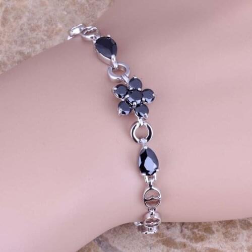 Admirable Black Cubic Zircon Silver Plated Link Chain Flower Bracelet 6.5 - 7.5 inch Free Gift Bag S0635