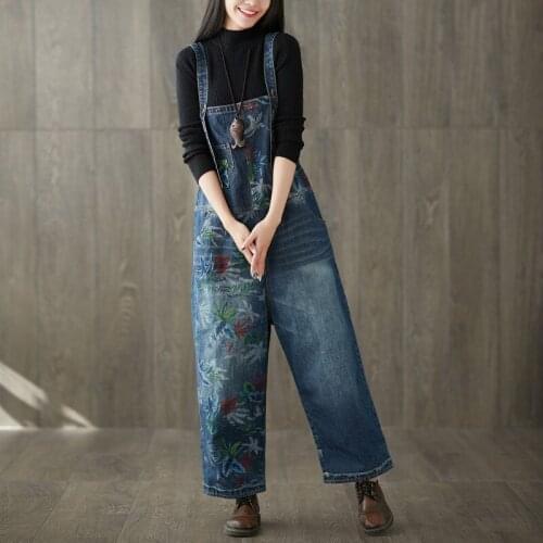 Women Printed Washed Vintage Scratched Denim Jumpsuits Ladies Wide Leg Bleached Rompers Female Retro Overalls Pants Trousers