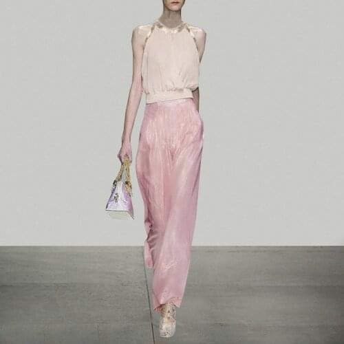 Summer New Grace Lady Quality Temperament Strapless Pink Colour Chiffon Shirt +pants Twinset Woman 190414