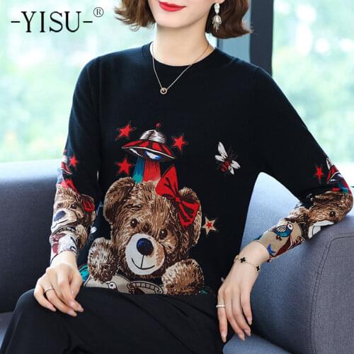YISU Autumn Womens sweater O-Neck Doll bear Printing Spring tops Long sleeves Jumper Female Casual Loose Wool Knitted pullove