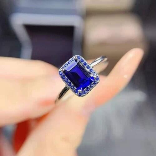 Fine Natural S925 Sterling Silver High-quality Square Sapphire Ring Fashion Wedding Jewelry for Women MeiBaPJFS