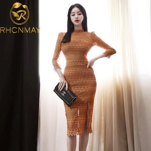 2020 New Korea Slim Embroidery Out Lace Dress Women Stand Collar Seven quarter sleeve Package hip Split Dress