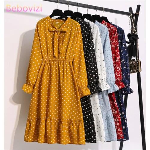 Women Casual Autumn Lady Korean Style Vintage Floral Chiffon Shirt Dress Long Sleeve Bow Midi Summer Woman 2020 Dress