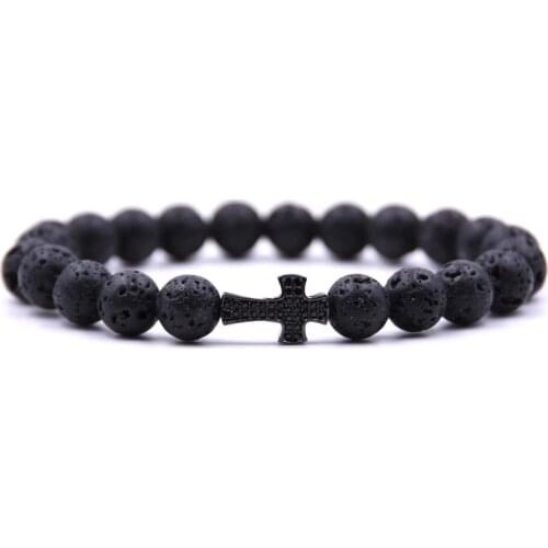 2021 New Mens Bracelet 8MM Natural Lava Stone Beads Cross Rosary Jesus Meditation Bracelet Prayer Bracelet Jewelry Gift Pulsera