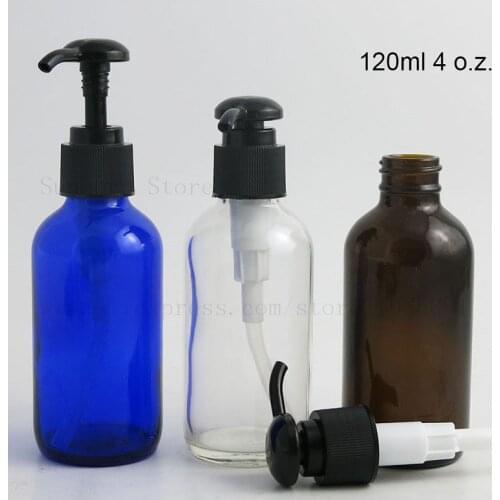 3PCS 120ml Big Empty Blue Dark Amber Clear 4 Oz Boston Shampoo Shower Cream Glass Bottle With Black Pump