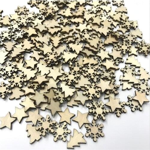 500PCS Mix Wooden Christmas Tree Decorations Snowflakes Stars DIY Xmas Ornaments New Year Christmas Decorations for Home 15MM