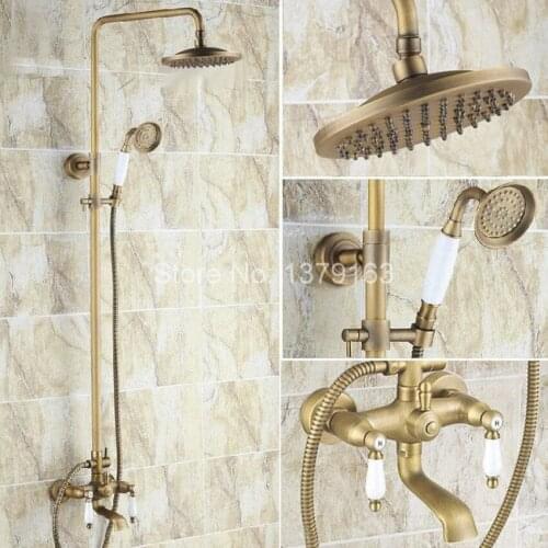 Antique Brass Two Ceramic Handle Bathroom Rain Shower Faucet Set Tub Mixer Tap + 8" Round Rain Shower Head + Handshower ars145