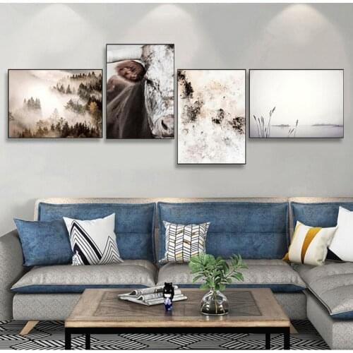 Botanical Painting Home Decoration Picture Scandinavian Cow Foggy Mountain Nature Landscape Nordic Wall Art Canvas Print