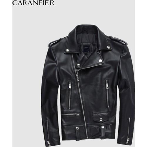 CARANFIER Hot Fashion Sheepskin Leather Mens Jackets Chic Slim Fit Zipper Motor&biker Jackets Coat Spring Autumn Leather Coats