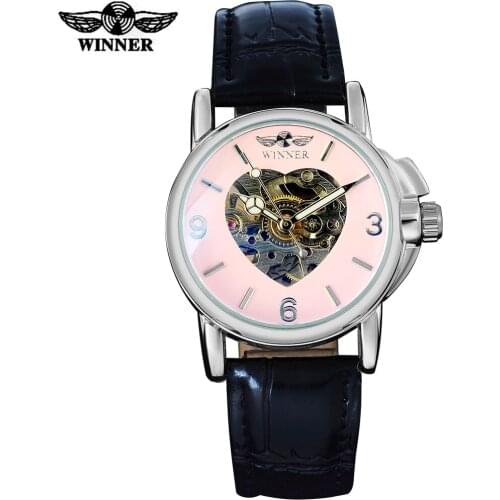 WINNER Women Watches Automatic Mechanical Love Shape Leather Strap Self-wind Wrist Watches Offer Drop Shipping And Wholesale
