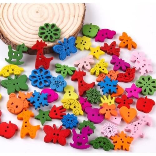 DIY Sewing Flatback Color Cartoon Animal Wooden Buttons Kids Clothes Scrapbooking Decorative Needlework Accessories 100pcs/lot
