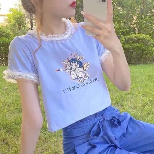 Lace Japanese Kawaii T Shirts Women Harajuku Teens Girls Cotton Crop Tops 2021 Summer New Ins Fashion Ladies Tees Mini Tshirts