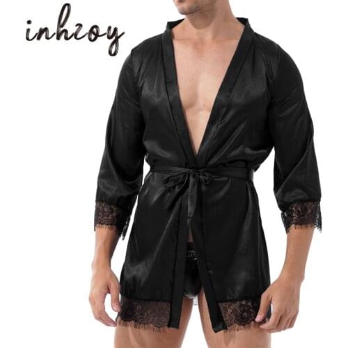 Men Lace Trim Nightwear Sexy Satin Kimono Robe Gay Male Sissy Night-robe Sleepwear Home Wear