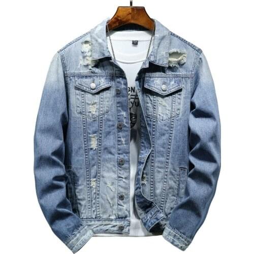Autumn Men blue denim Jacket personality hole Ripped hip-hop jeans coats Cotton Soft pocket Long Sleeve Casual outerwear