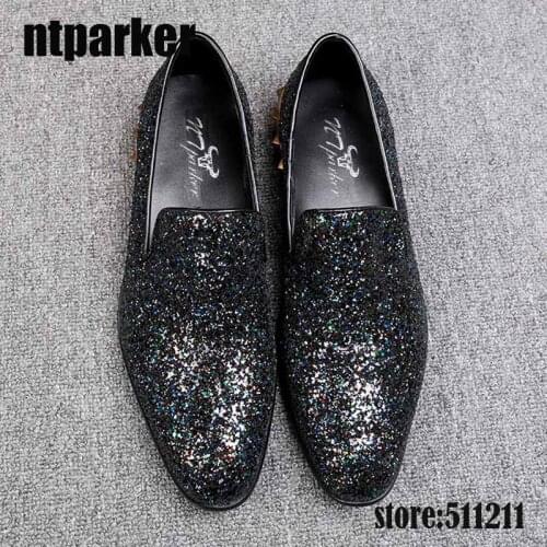 Ntparker Italian Style Leather Shoes Round Toe Flat Dress Shoes Sapatos Homens Black Bling Wedding and Party Shoes, ize 38-46